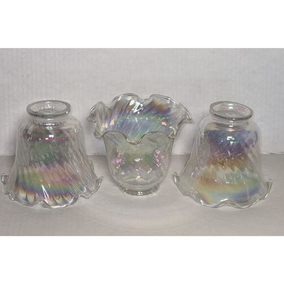 Set of 3 Iridescent 4” Light Shade Hurricane Lamp Swirl Bell Ruffled Fitter 2” - Picture 14 of 14